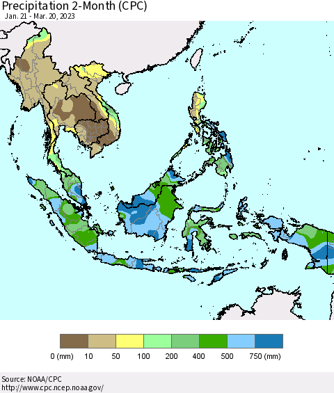 South East Asia Precipitation 2-Month (CPC) Thematic Map For 1/21/2023 - 3/20/2023