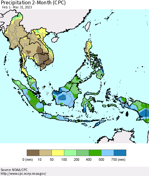South East Asia Precipitation 2-Month (CPC) Thematic Map For 2/1/2023 - 3/31/2023