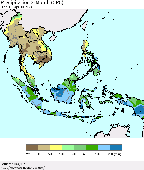 South East Asia Precipitation 2-Month (CPC) Thematic Map For 2/11/2023 - 4/10/2023