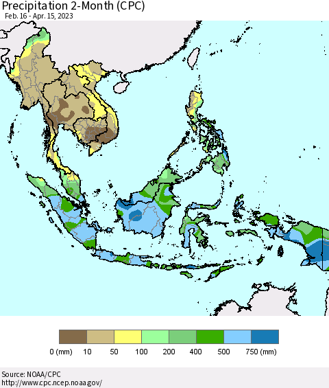 South East Asia Precipitation 2-Month (CPC) Thematic Map For 2/16/2023 - 4/15/2023