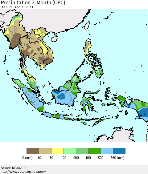 South East Asia Precipitation 2-Month (CPC) Thematic Map For 2/21/2023 - 4/20/2023