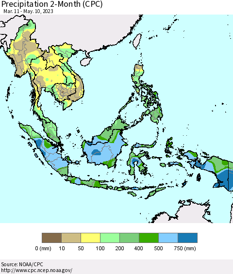 South East Asia Precipitation 2-Month (CPC) Thematic Map For 3/11/2023 - 5/10/2023