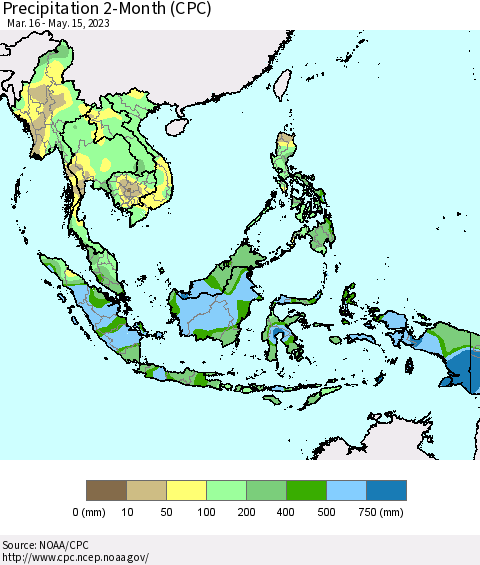 South East Asia Precipitation 2-Month (CPC) Thematic Map For 3/16/2023 - 5/15/2023