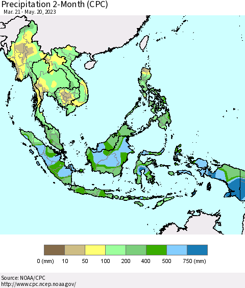 South East Asia Precipitation 2-Month (CPC) Thematic Map For 3/21/2023 - 5/20/2023
