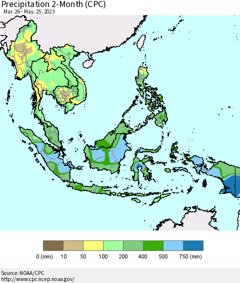 South East Asia Precipitation 2-Month (CPC) Thematic Map For 3/26/2023 - 5/25/2023