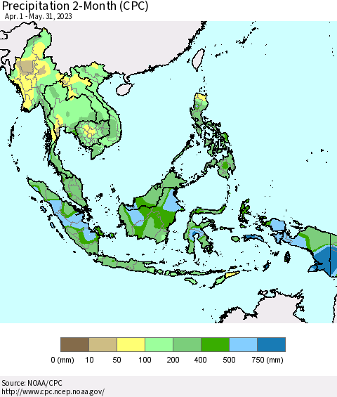 South East Asia Precipitation 2-Month (CPC) Thematic Map For 4/1/2023 - 5/31/2023