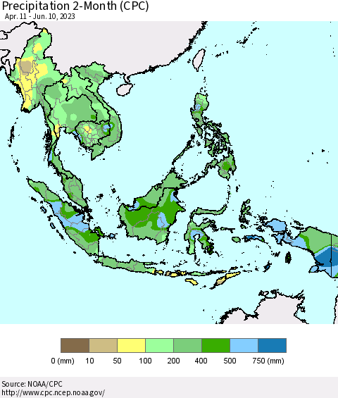 South East Asia Precipitation 2-Month (CPC) Thematic Map For 4/11/2023 - 6/10/2023