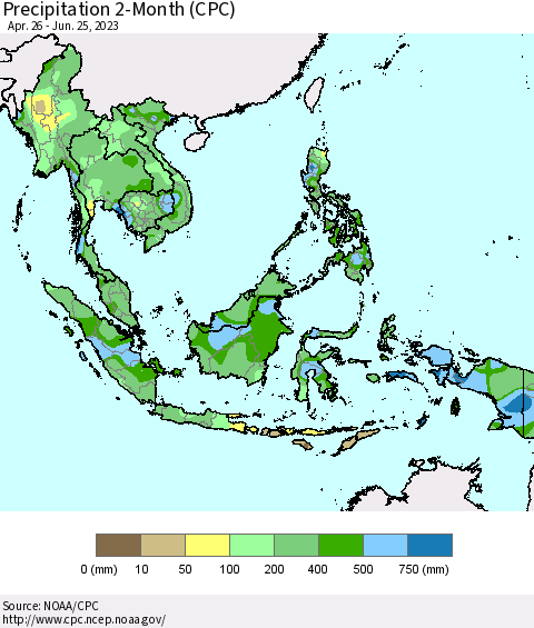 South East Asia Precipitation 2-Month (CPC) Thematic Map For 4/26/2023 - 6/25/2023