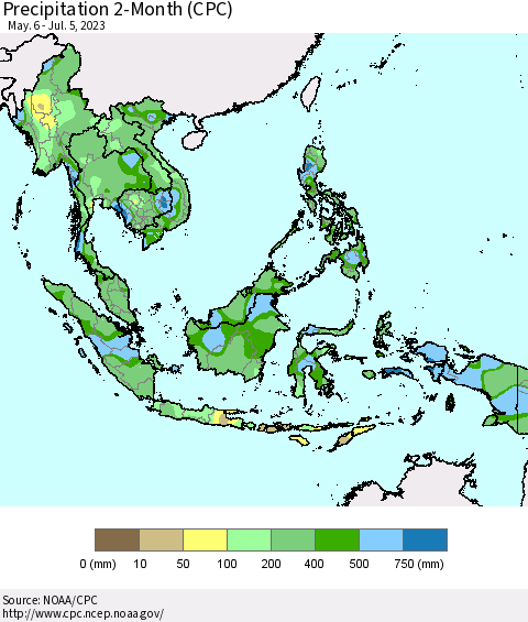 South East Asia Precipitation 2-Month (CPC) Thematic Map For 5/6/2023 - 7/5/2023