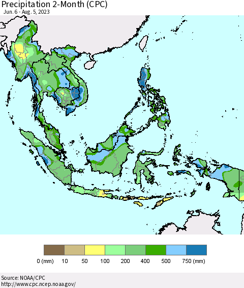 South East Asia Precipitation 2-Month (CPC) Thematic Map For 6/6/2023 - 8/5/2023