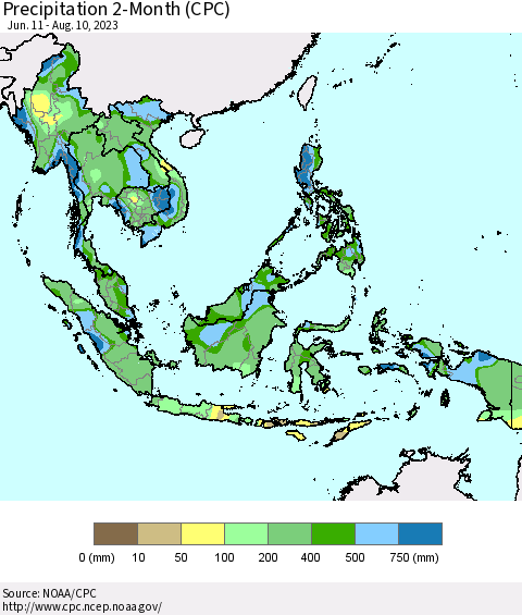 South East Asia Precipitation 2-Month (CPC) Thematic Map For 6/11/2023 - 8/10/2023