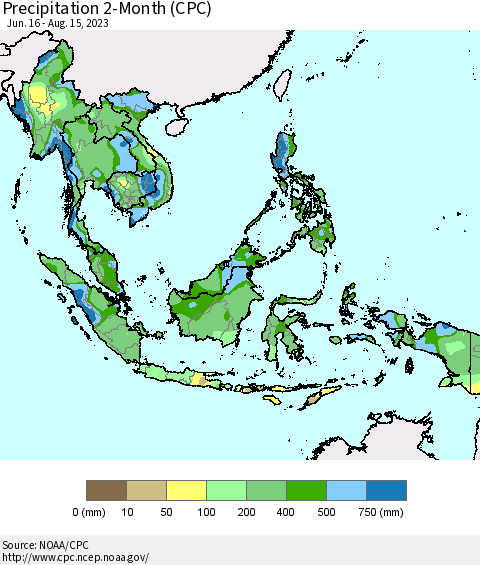 South East Asia Precipitation 2-Month (CPC) Thematic Map For 6/16/2023 - 8/15/2023