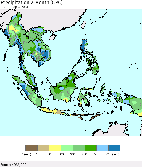 South East Asia Precipitation 2-Month (CPC) Thematic Map For 7/6/2023 - 9/5/2023