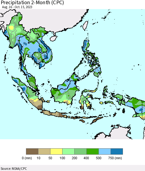 South East Asia Precipitation 2-Month (CPC) Thematic Map For 8/16/2023 - 10/15/2023