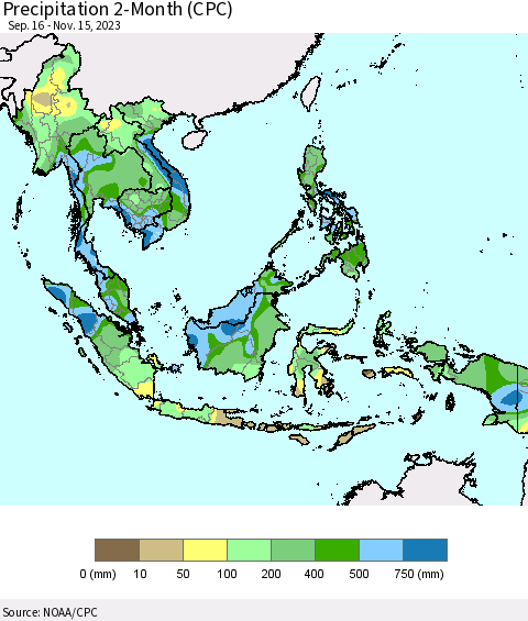 South East Asia Precipitation 2-Month (CPC) Thematic Map For 9/16/2023 - 11/15/2023