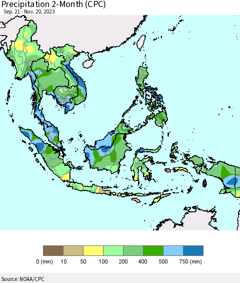 South East Asia Precipitation 2-Month (CPC) Thematic Map For 9/21/2023 - 11/20/2023