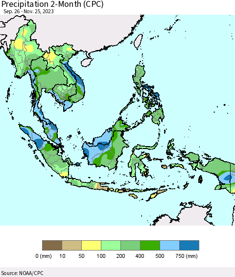 South East Asia Precipitation 2-Month (CPC) Thematic Map For 9/26/2023 - 11/25/2023
