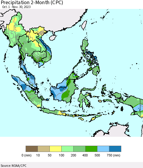South East Asia Precipitation 2-Month (CPC) Thematic Map For 10/1/2023 - 11/30/2023