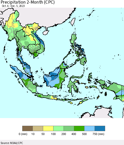 South East Asia Precipitation 2-Month (CPC) Thematic Map For 10/6/2023 - 12/5/2023