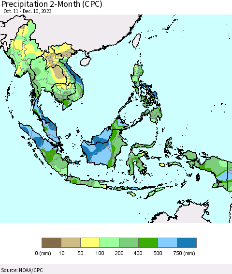 South East Asia Precipitation 2-Month (CPC) Thematic Map For 10/11/2023 - 12/10/2023