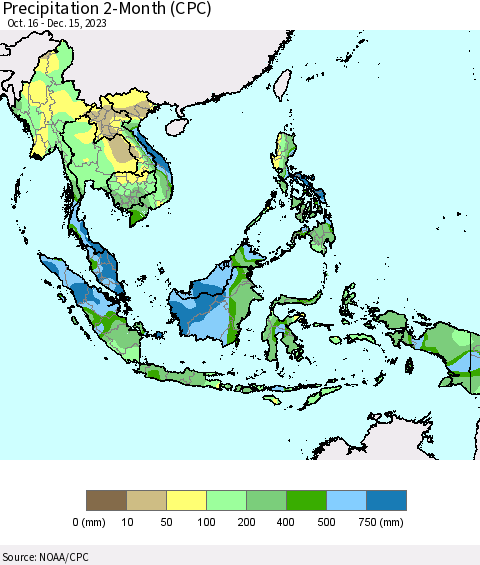 South East Asia Precipitation 2-Month (CPC) Thematic Map For 10/16/2023 - 12/15/2023