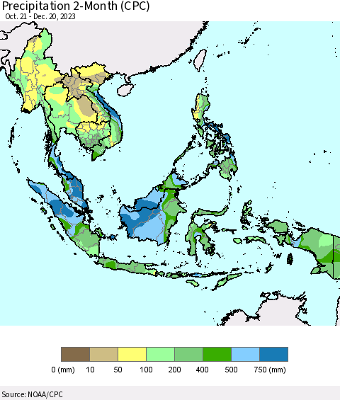 South East Asia Precipitation 2-Month (CPC) Thematic Map For 10/21/2023 - 12/20/2023