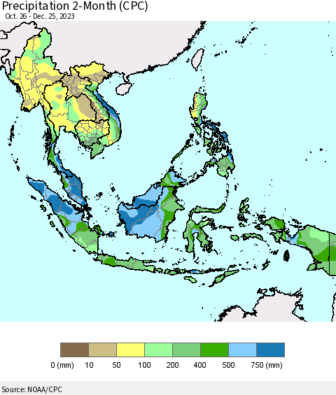 South East Asia Precipitation 2-Month (CPC) Thematic Map For 10/26/2023 - 12/25/2023