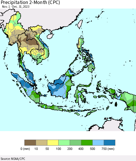 South East Asia Precipitation 2-Month (CPC) Thematic Map For 11/1/2023 - 12/31/2023
