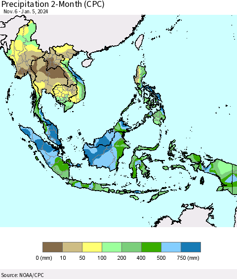 South East Asia Precipitation 2-Month (CPC) Thematic Map For 11/6/2023 - 1/5/2024