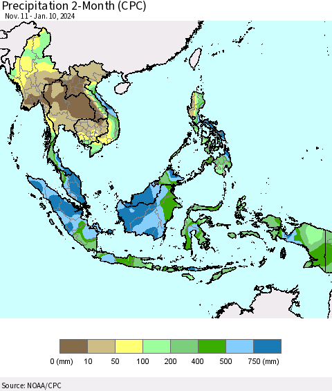 South East Asia Precipitation 2-Month (CPC) Thematic Map For 11/11/2023 - 1/10/2024
