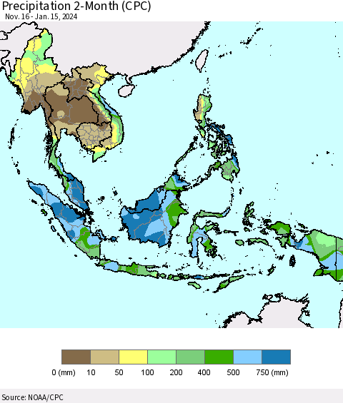 South East Asia Precipitation 2-Month (CPC) Thematic Map For 11/16/2023 - 1/15/2024