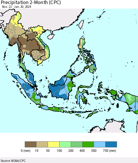 South East Asia Precipitation 2-Month (CPC) Thematic Map For 11/21/2023 - 1/20/2024