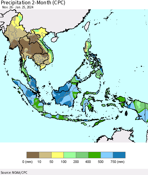 South East Asia Precipitation 2-Month (CPC) Thematic Map For 11/26/2023 - 1/25/2024