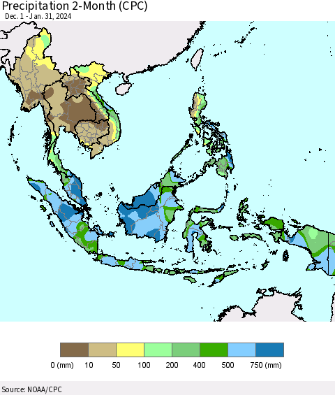 South East Asia Precipitation 2-Month (CPC) Thematic Map For 12/1/2023 - 1/31/2024