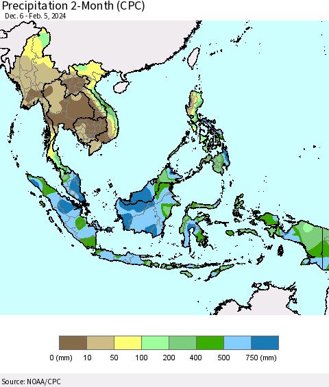 South East Asia Precipitation 2-Month (CPC) Thematic Map For 12/6/2023 - 2/5/2024