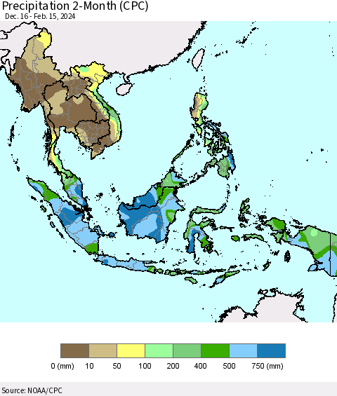 South East Asia Precipitation 2-Month (CPC) Thematic Map For 12/16/2023 - 2/15/2024