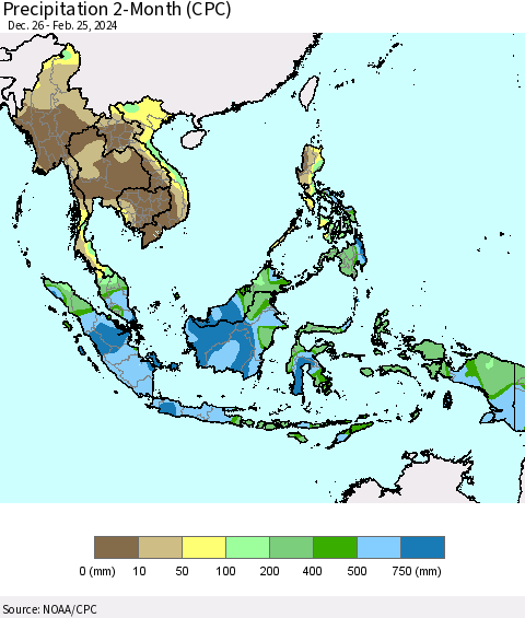 South East Asia Precipitation 2-Month (CPC) Thematic Map For 12/26/2023 - 2/25/2024