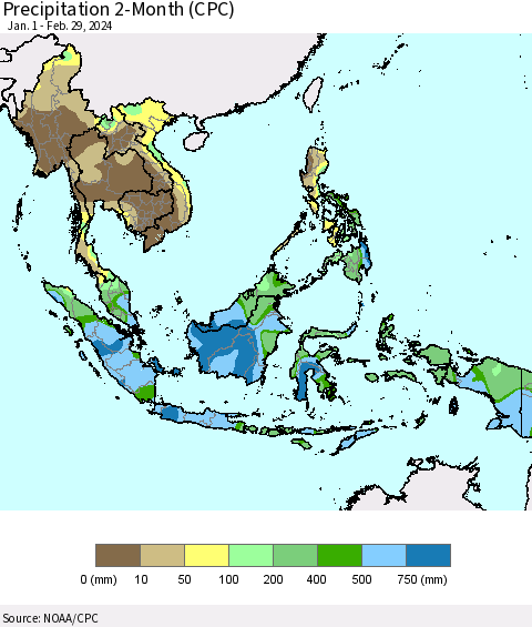 South East Asia Precipitation 2-Month (CPC) Thematic Map For 1/1/2024 - 2/29/2024