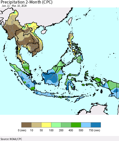 South East Asia Precipitation 2-Month (CPC) Thematic Map For 1/11/2024 - 3/10/2024