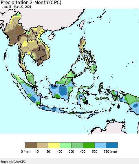 South East Asia Precipitation 2-Month (CPC) Thematic Map For 1/21/2024 - 3/20/2024