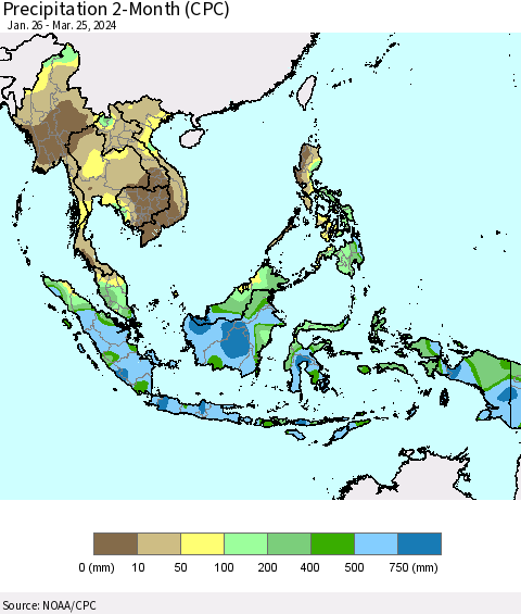 South East Asia Precipitation 2-Month (CPC) Thematic Map For 1/26/2024 - 3/25/2024