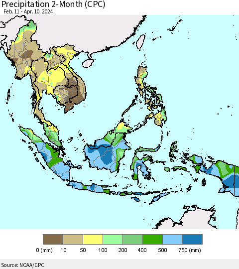 South East Asia Precipitation 2-Month (CPC) Thematic Map For 2/11/2024 - 4/10/2024