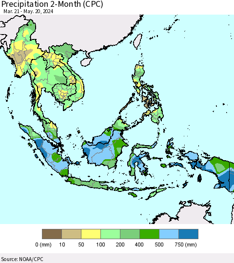 South East Asia Precipitation 2-Month (CPC) Thematic Map For 3/21/2024 - 5/20/2024