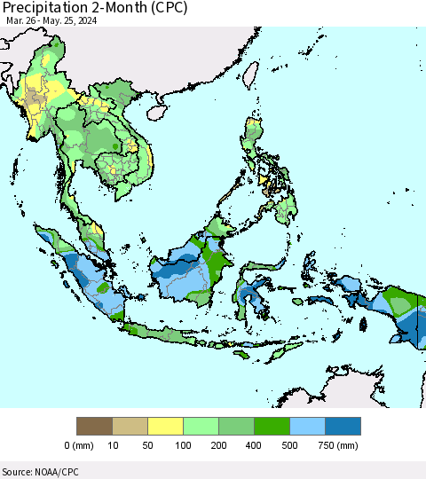 South East Asia Precipitation 2-Month (CPC) Thematic Map For 3/26/2024 - 5/25/2024