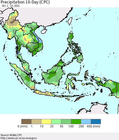 South East Asia Precipitation 10-Day (CPC) Thematic Map For 10/1/2021 - 10/10/2021