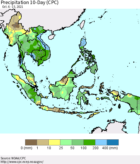 South East Asia Precipitation 10-Day (CPC) Thematic Map For 10/6/2021 - 10/15/2021