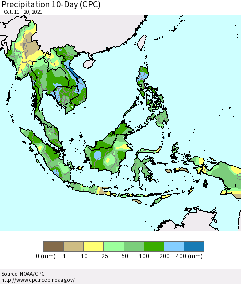 South East Asia Precipitation 10-Day (CPC) Thematic Map For 10/11/2021 - 10/20/2021