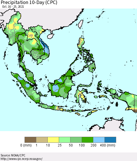 South East Asia Precipitation 10-Day (CPC) Thematic Map For 10/16/2021 - 10/25/2021