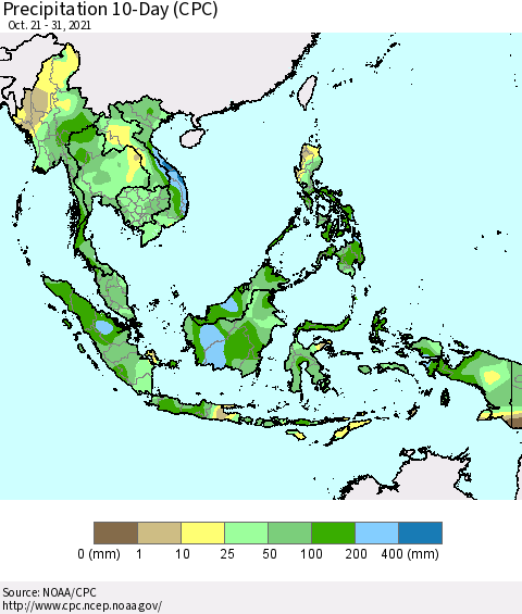 South East Asia Precipitation 10-Day (CPC) Thematic Map For 10/21/2021 - 10/31/2021