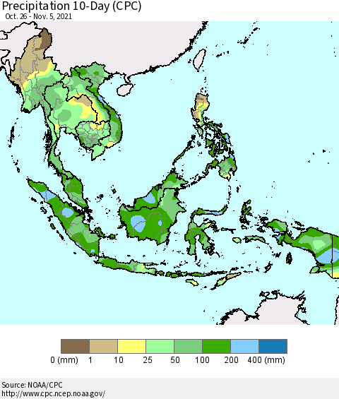South East Asia Precipitation 10-Day (CPC) Thematic Map For 10/26/2021 - 11/5/2021